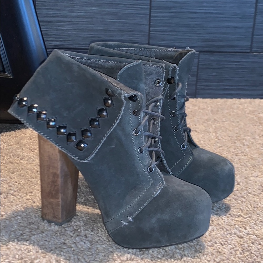 Dark gray suede boots with heel